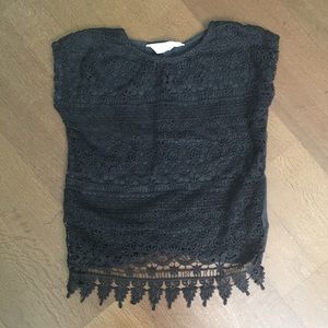 Girls dark grey lace front tee